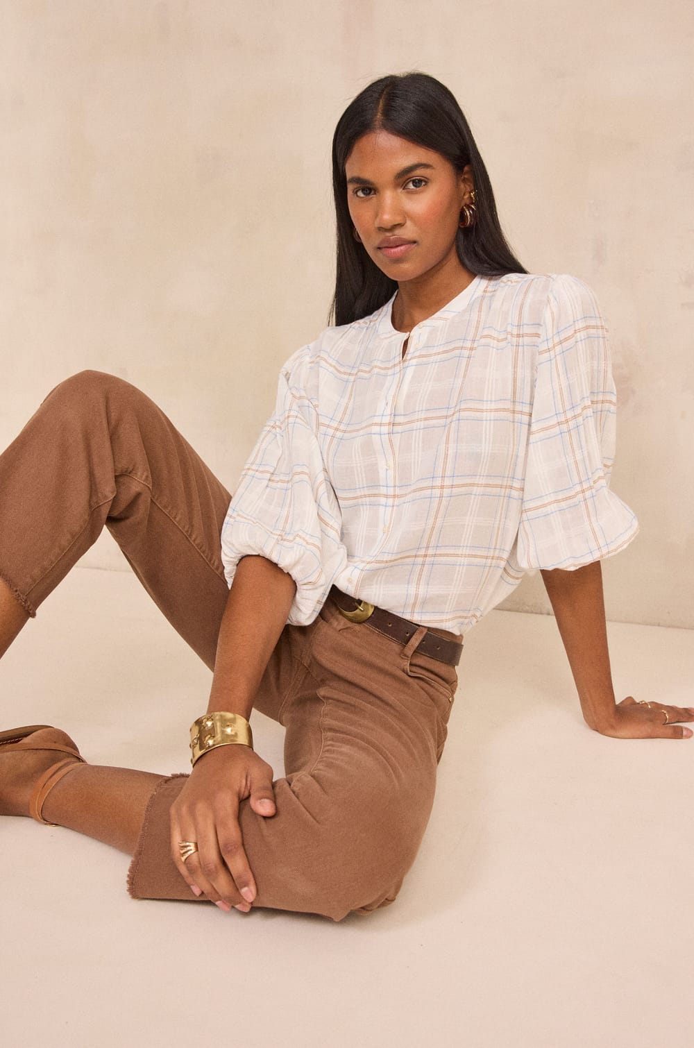 Long-sleeved checked cotton blouse PHIL;${refinementColor}