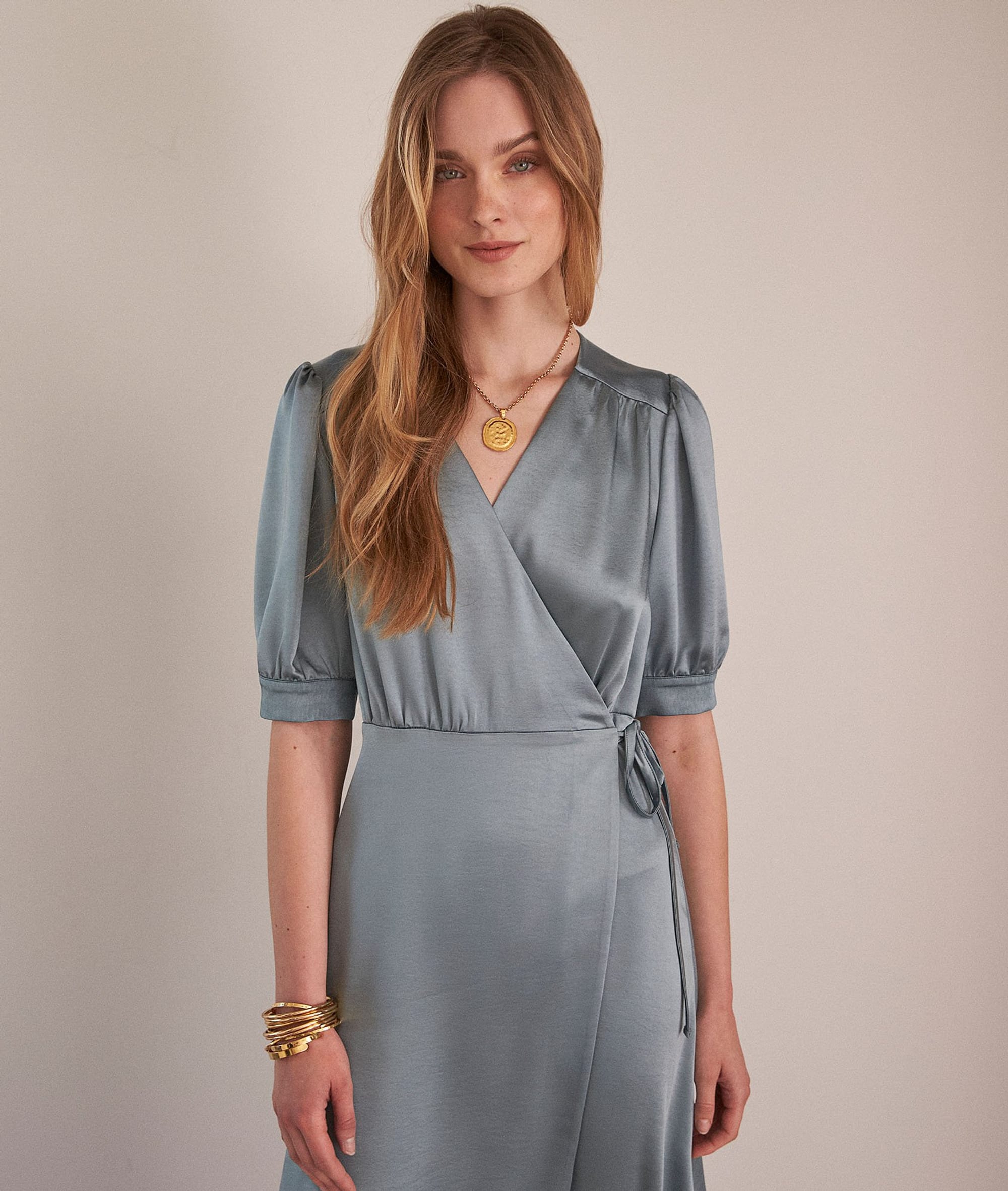 Heve blue satin wrap-over maxi dress woman | JADE | Maison 123