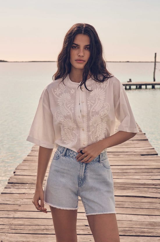 Embroidered short-sleeve cotton blouse MAHE;${refinementColor}