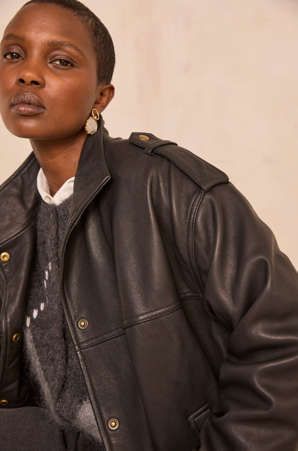 OSCAR oversized grain leather jacket;${refinementColor}