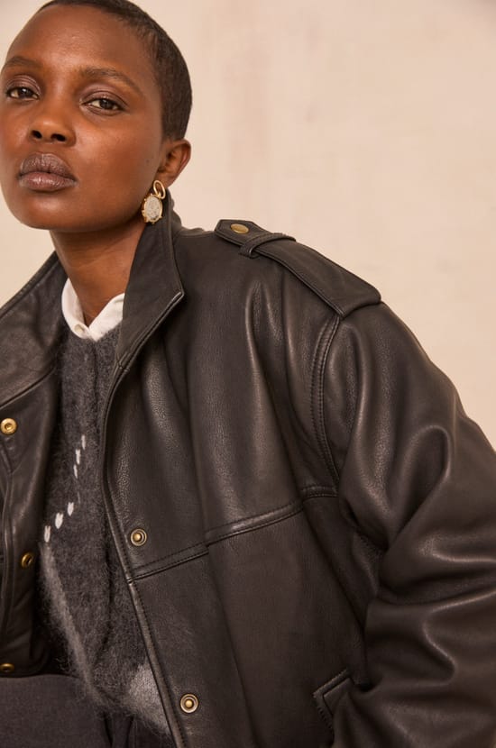 OSCAR oversized grain leather jacket;${refinementColor}