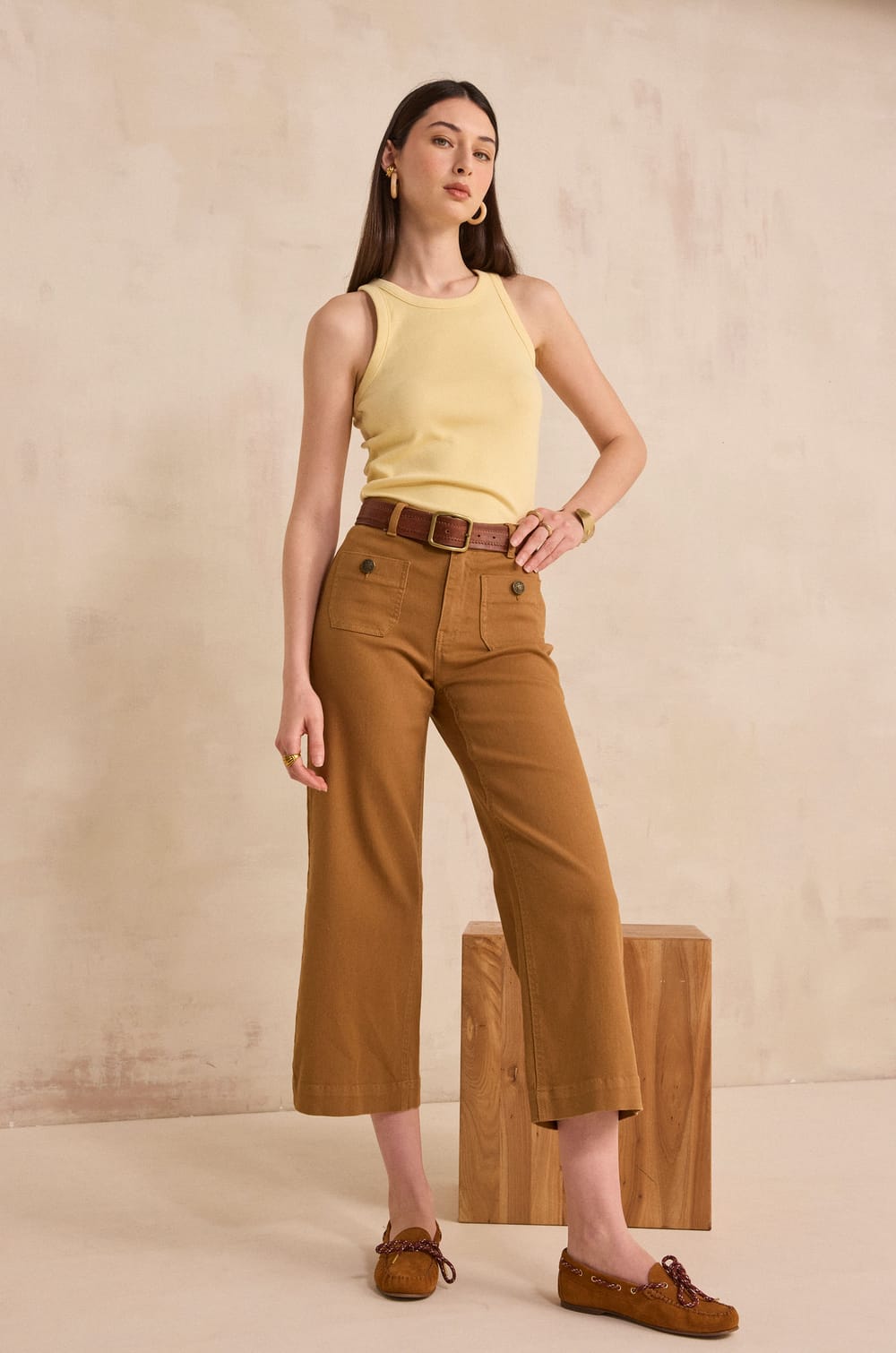 Pantalon large et cropped en coton m&eacute;lang&eacute; MAE;${refinementColor}