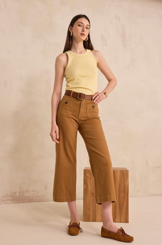Pantalon large et cropped en coton m&eacute;lang&eacute; MAE;${refinementColor}