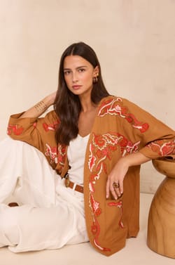 Embroidered 3/4 sleeve cotton jacket NOURIA;${refinementColor}