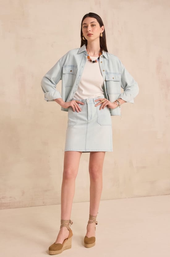 Short denim skirt EYELET;${refinementColor}