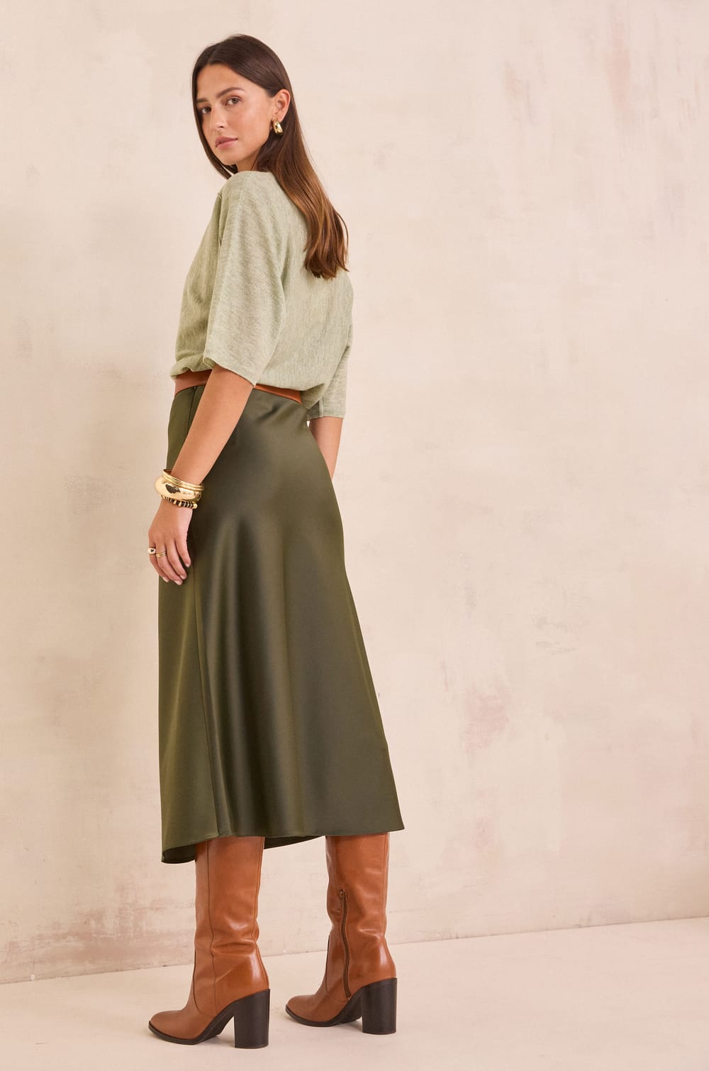 ORIA satin midi skirt;${refinementColor}