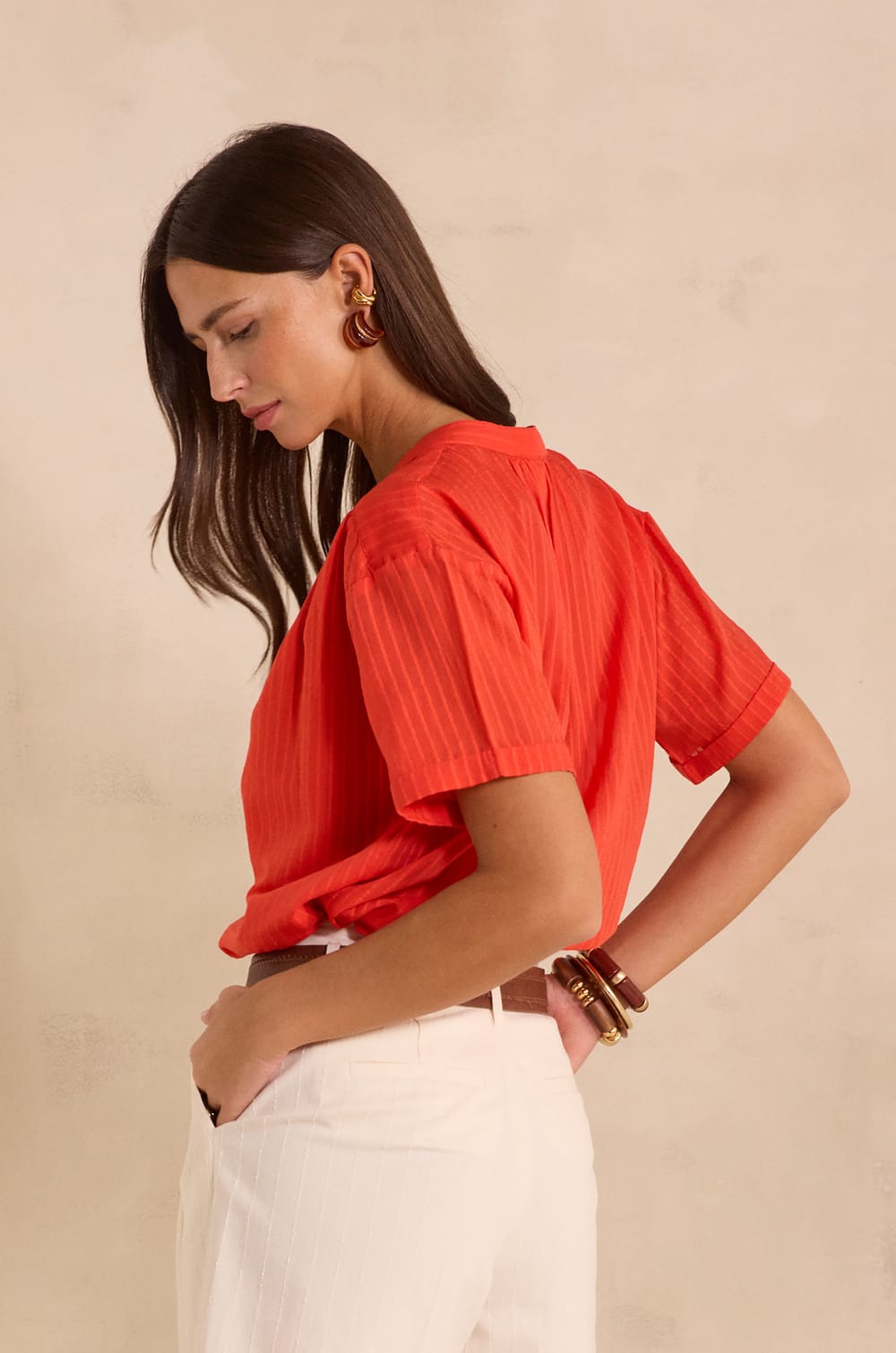Blouse &agrave; manches courtes en coton m&eacute;lang&eacute; DEVIKA;${refinementColor}