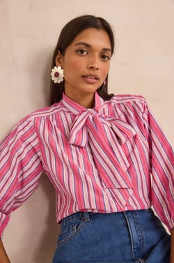 Striped blouse with a tie collar in cotton DOMITILLE;${refinementColor}
