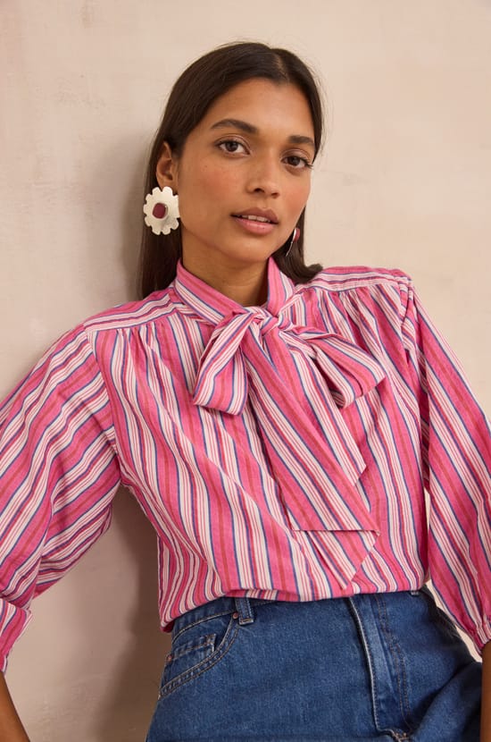 Striped blouse with a tie collar in cotton DOMITILLE;${refinementColor}