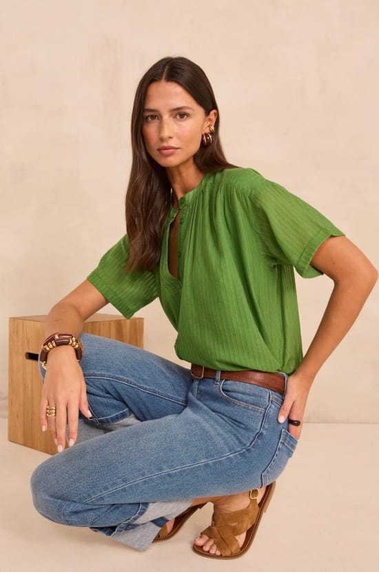Short Sleeve Blouse in Mixed Cotton DEVIKA;${refinementColor}