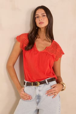Top brod&eacute; &agrave; manches courtes en coton LILOU;${refinementColor}