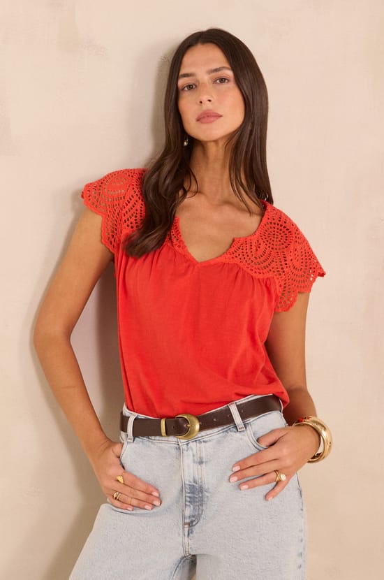 Top brod&eacute; &agrave; manches courtes en coton LILOU;${refinementColor}