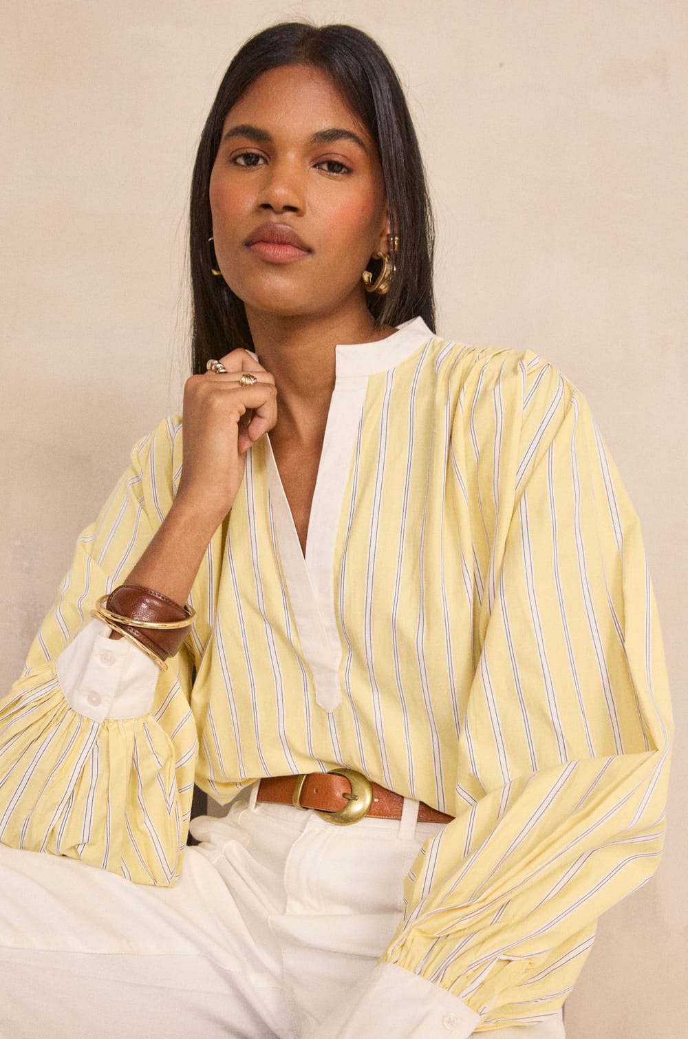 Douglas striped long-sleeve blouse;${refinementColor}