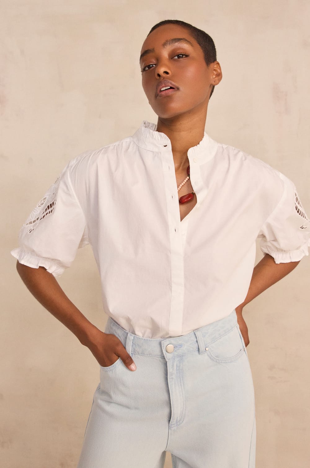 Short-sleeved embroidered cotton blouse DONCASTER;${refinementColor}