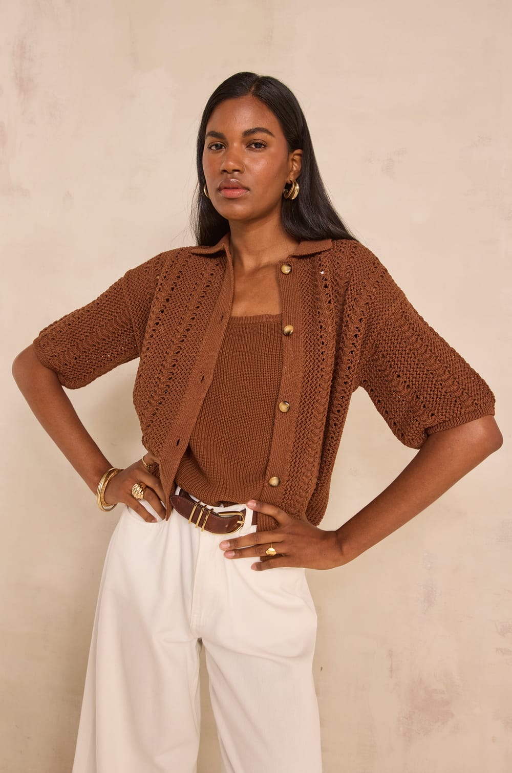 Short-sleeve knitted cotton blend sweater ADELE;${refinementColor}