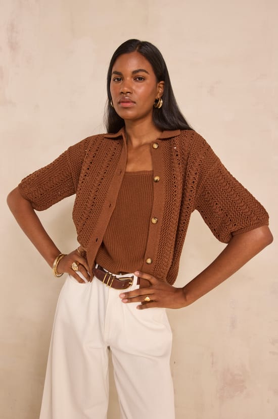 Short-sleeve knitted cotton blend sweater ADELE;${refinementColor}