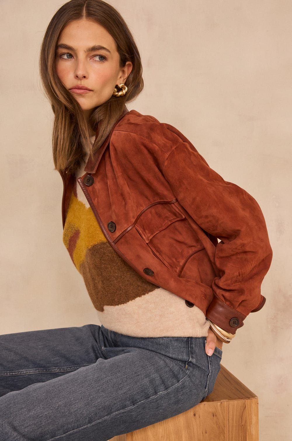 Brown suede leather jacket;${refinementColor}