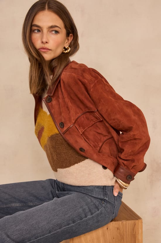 Brown suede leather jacket;${refinementColor}