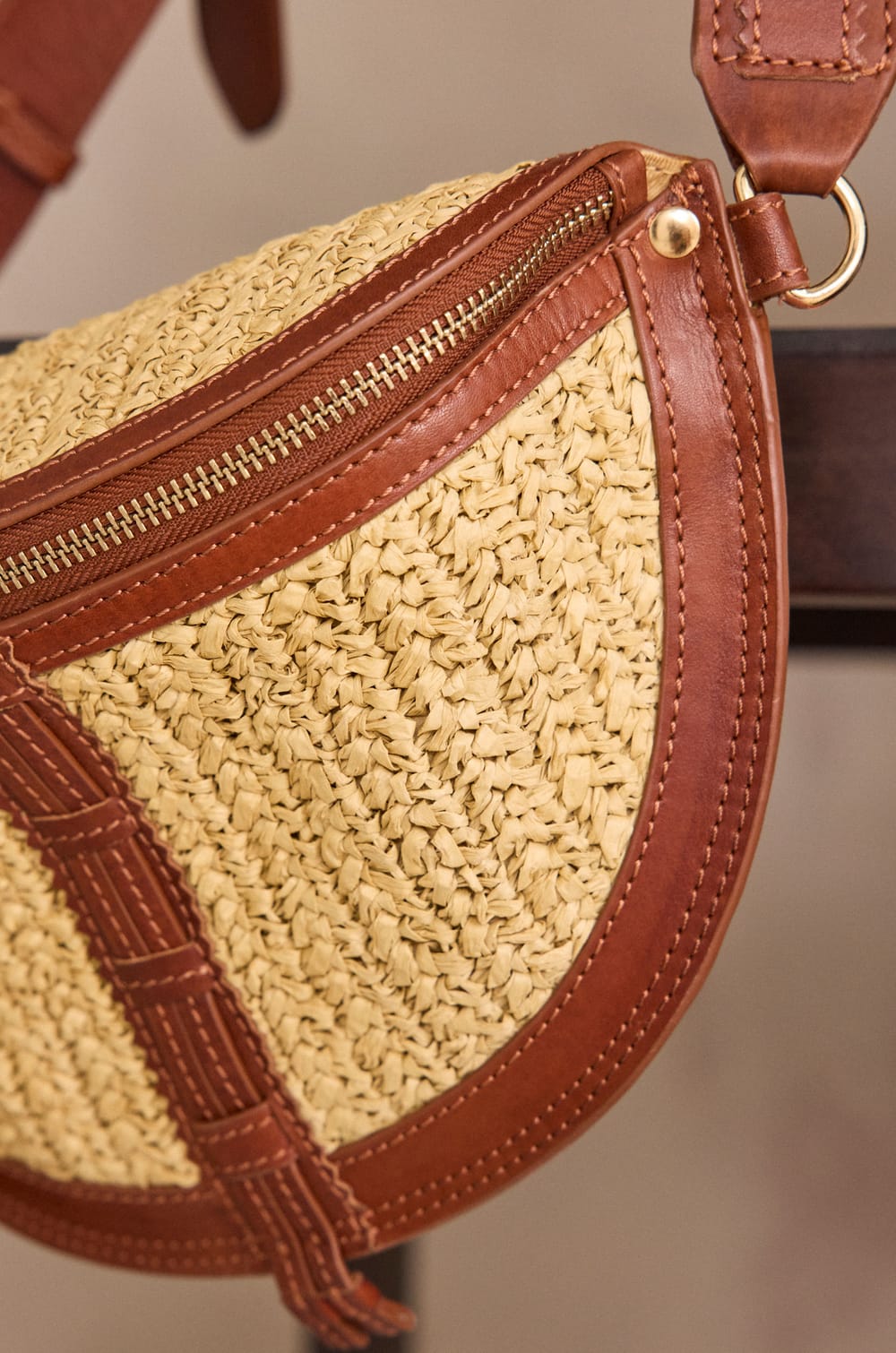 LUCIEN leather and raffia belt bag;${refinementColor}