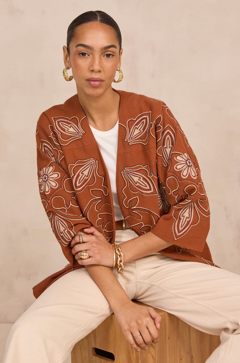 Embroidered 3/4 Sleeve Cotton Jacket VIRGINIA;${refinementColor}