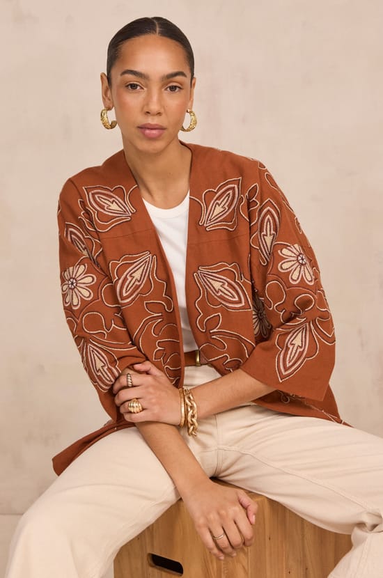 Embroidered 3/4 Sleeve Cotton Jacket VIRGINIA;${refinementColor}