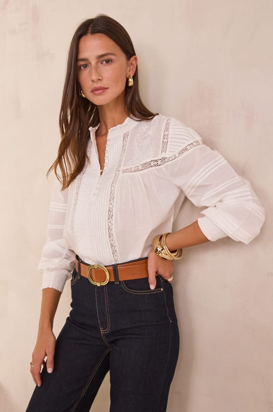 Blouse with floral embroidery in 100% Cotton DEMMA;${refinementColor}