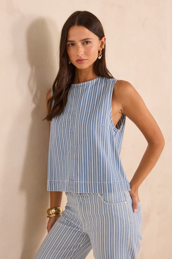 Striped sleeveless top in blended cotton Denver;${refinementColor}