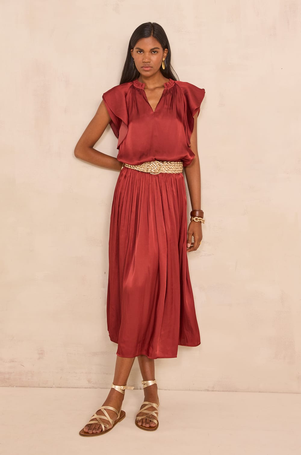 JULIANA satin midi skirt;${refinementColor}