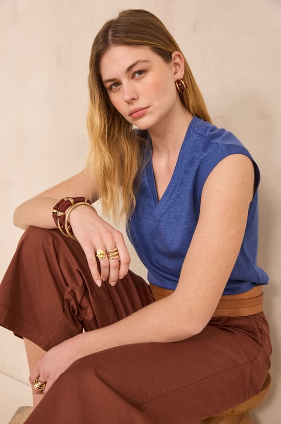 LYNA sleeveless linen blend T-shirt;${refinementColor}