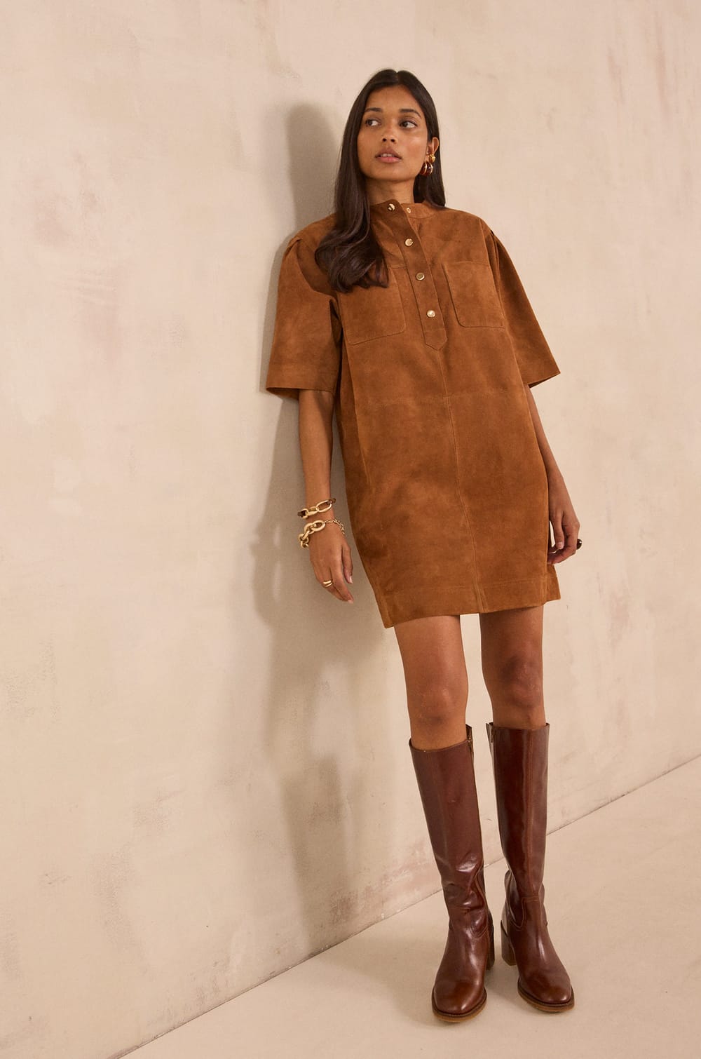 Straight leather dress PENNY;${refinementColor}