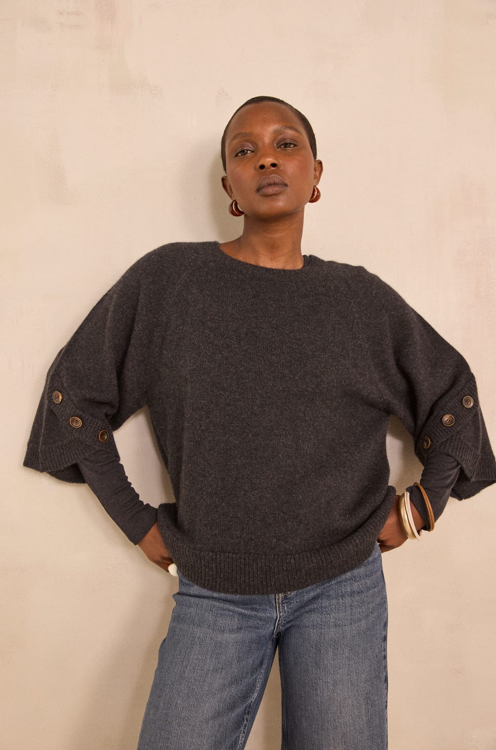 ALYA 3/4 Sleeve Cashmere Sweater;${refinementColor}