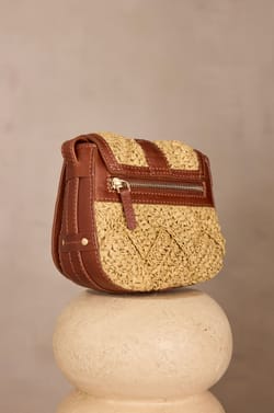LUCIEN MINI leather and straw bag;${refinementColor}
