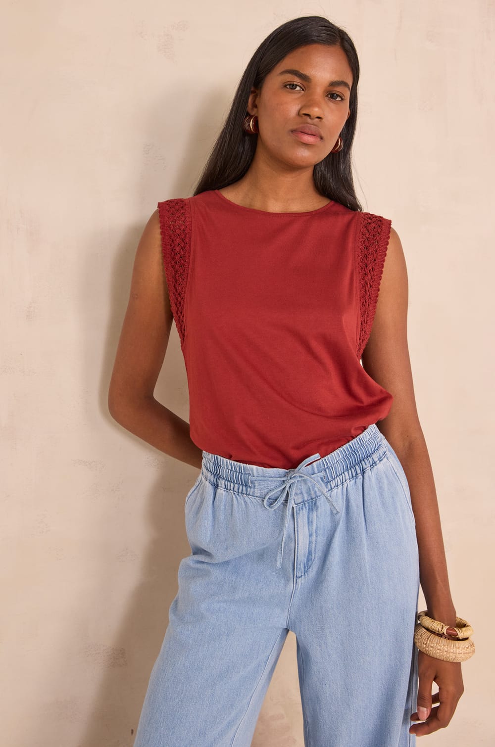 Sleeveless embroidered cotton blend T-shirt TAMARA;${refinementColor}
