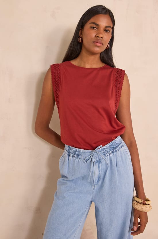 Sleeveless embroidered cotton blend T-shirt TAMARA;${refinementColor}