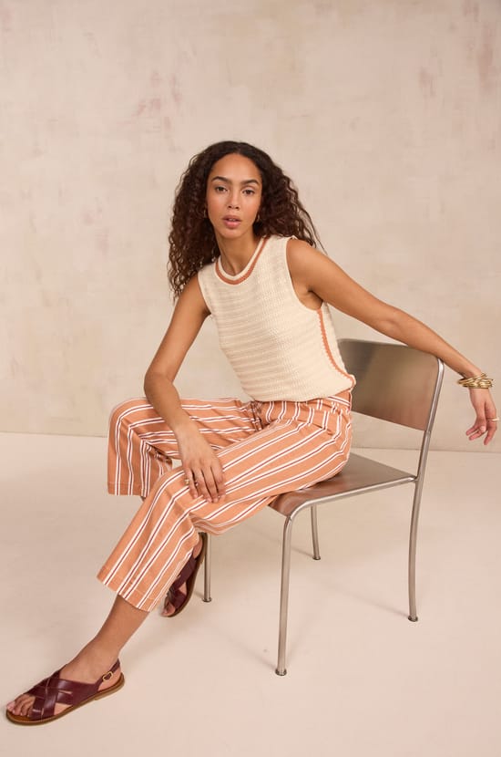 Pink striped cropped wide-leg pants;${refinementColor}