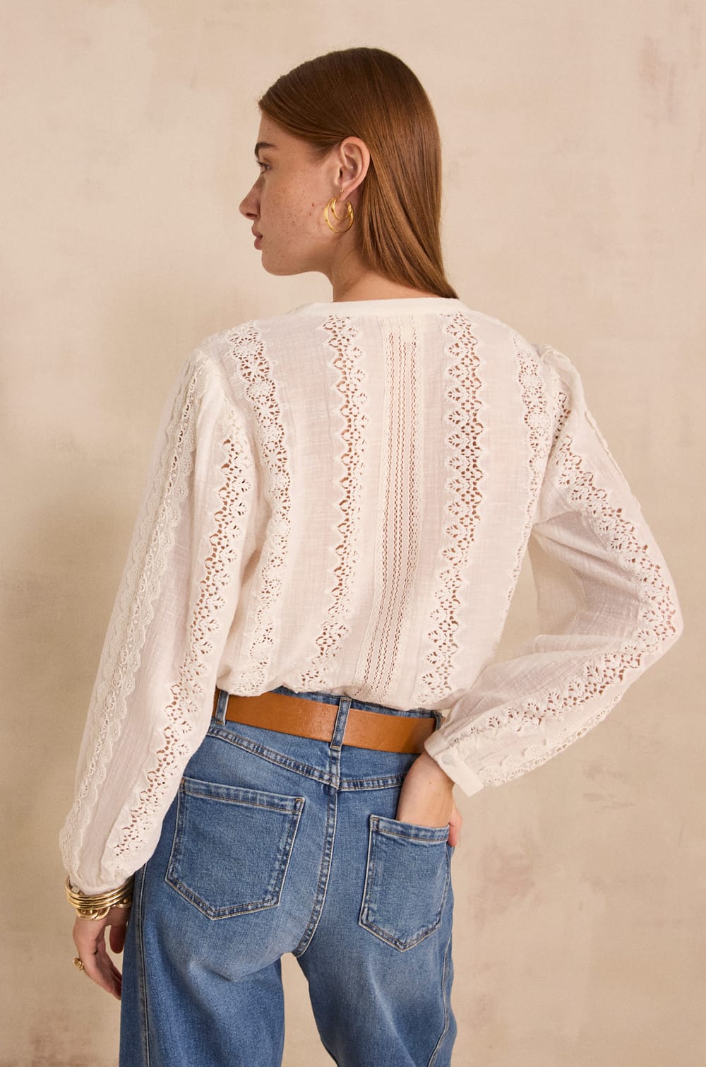 Embroidered long-sleeve cotton blouse MAGUY;${refinementColor}
