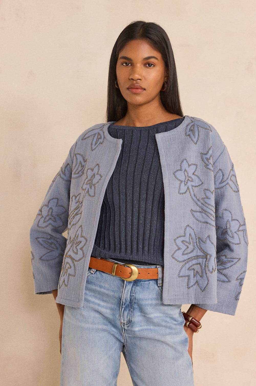 Embroidered long sleeve cotton jacket VITALIE;${refinementColor}
