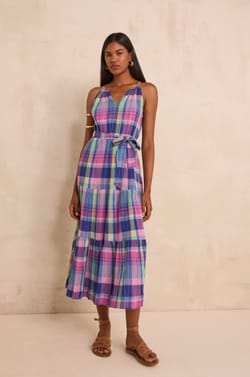 Pietra checkered cotton straight dress;${refinementColor}