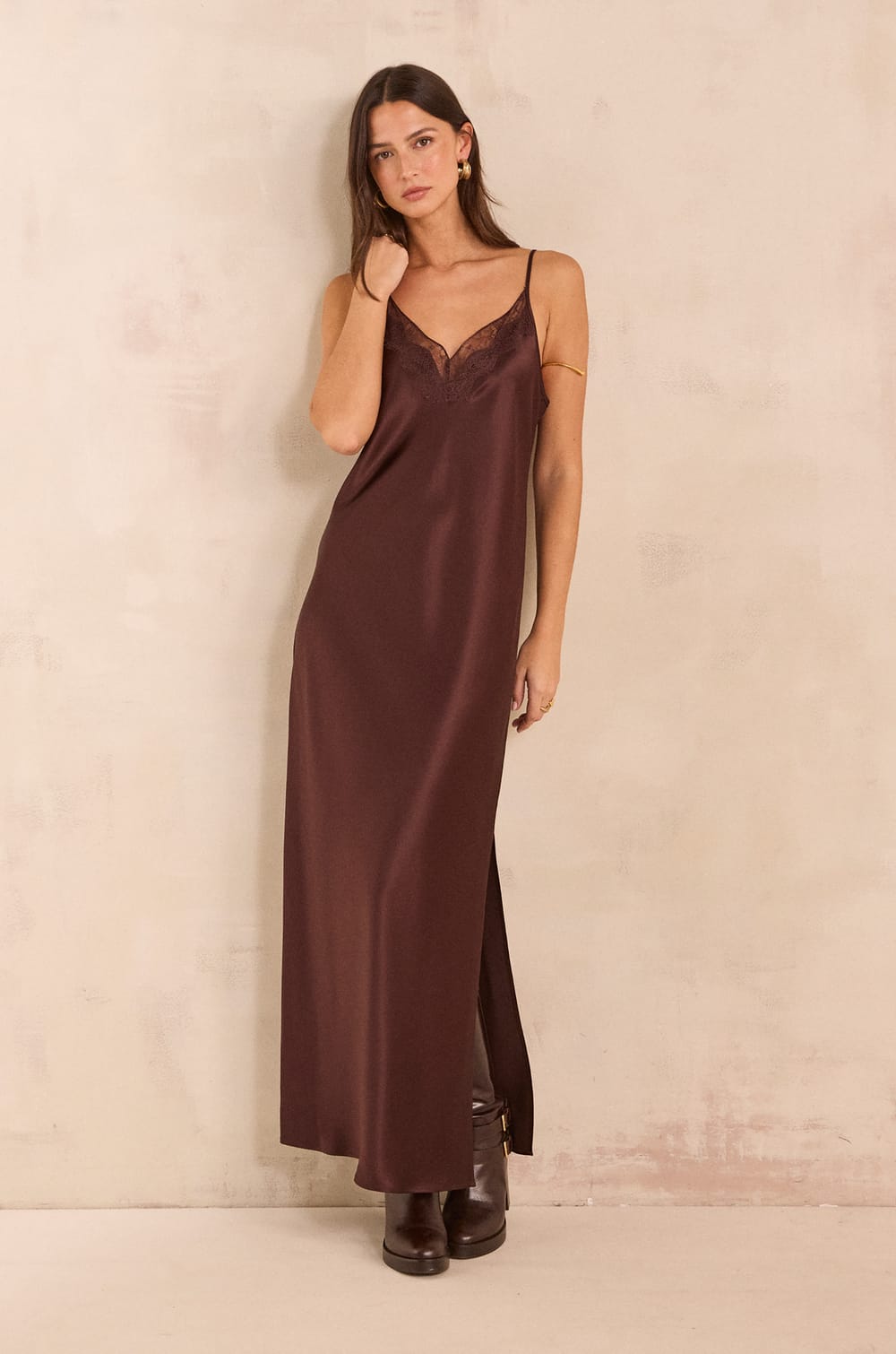 Straight satin dress REFLECTION;${refinementColor}
