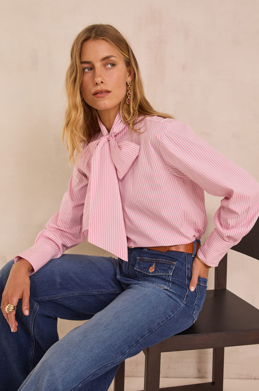 Blouse with pussy bow & stripes in 100% cotton SANDRINE;${refinementColor}