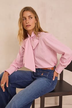 Blouse with pussy bow & stripes in 100% cotton SANDRINE;${refinementColor}