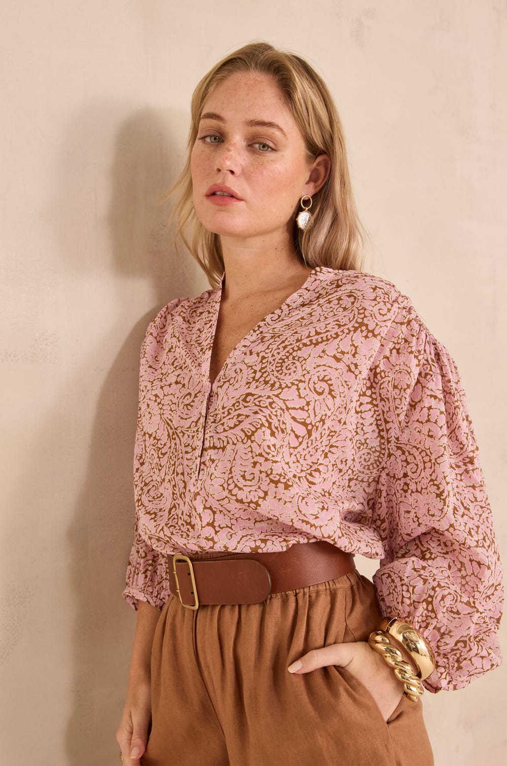 DEVONA long-sleeve printed cotton blouse;${refinementColor}