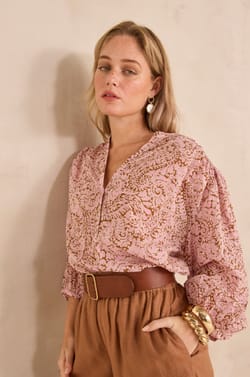 DEVONA long-sleeve printed cotton blouse;${refinementColor}