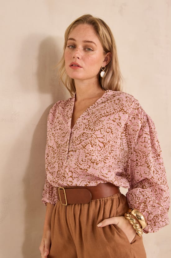 DEVONA long-sleeve printed cotton blouse;${refinementColor}