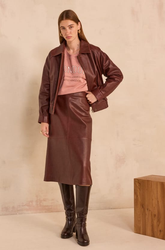 VIOLET leather midi skirt;${refinementColor}