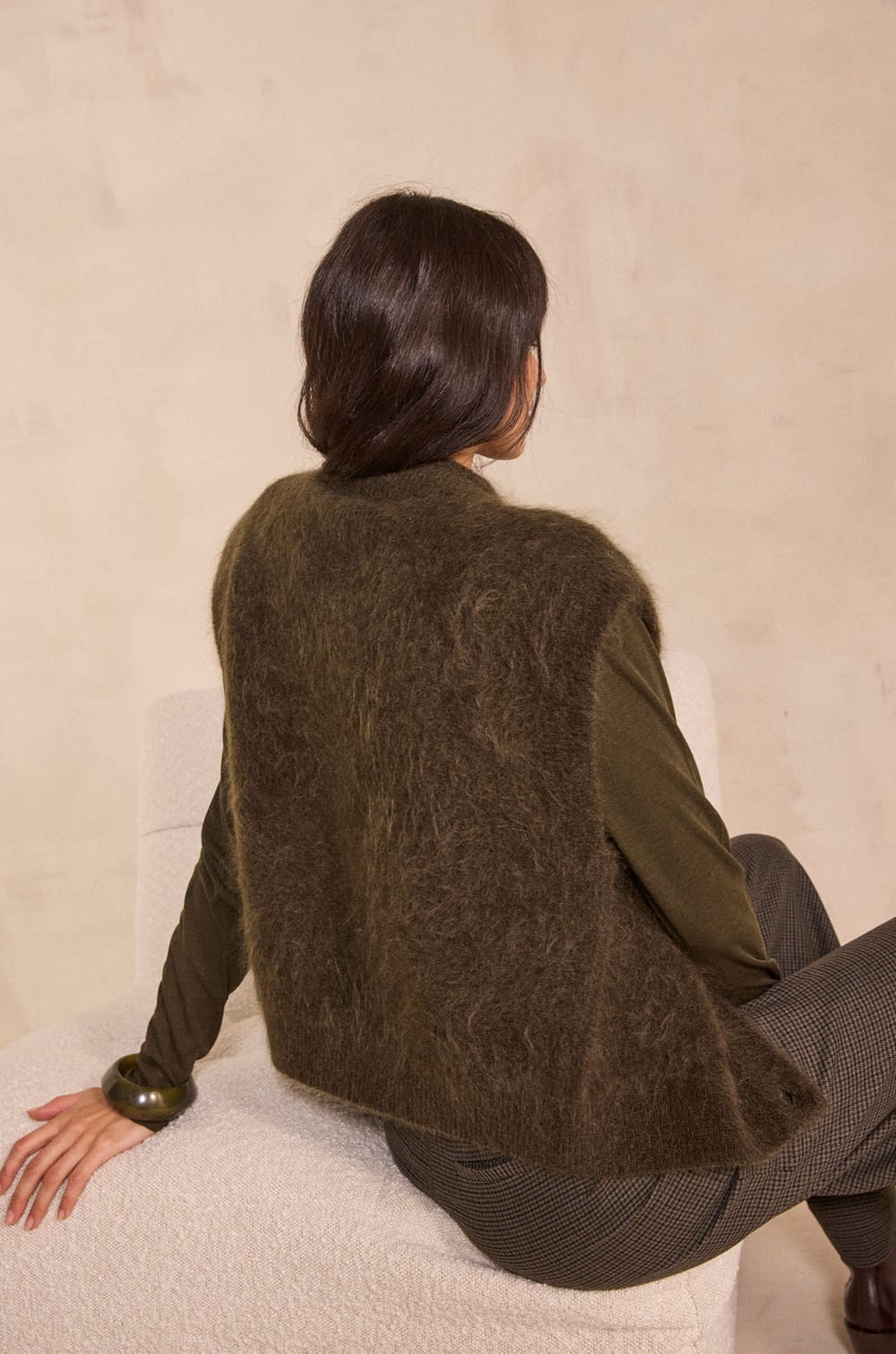 Khaki sleeveless cardigan in mixed mohair AYMIE;${refinementColor}