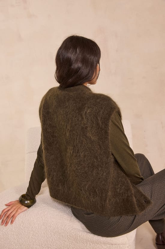 Khaki sleeveless cardigan in mixed mohair AYMIE;${refinementColor}