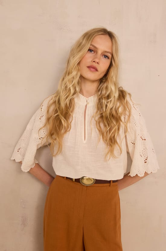 Embroidered 3/4 Sleeve Cotton Blouse MASHA;${refinementColor}