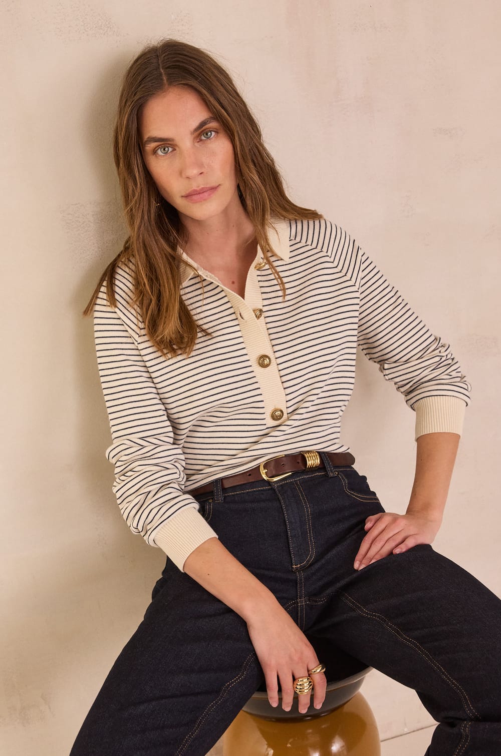 Striped polo collar sweatshirt in 100% cotton LIVIO;${refinementColor}