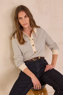 Striped polo collar sweatshirt in 100% cotton LIVIO;${refinementColor}